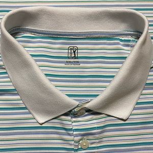PGA Tour Golf Polo Men XXL White Purple Green Striped Polyester Short Sleeve